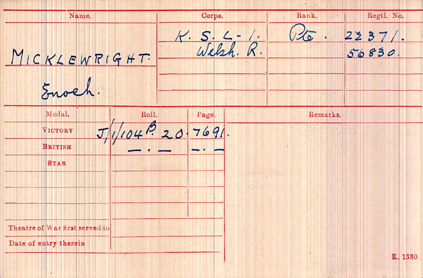 WWI Medal Rolls Index Card